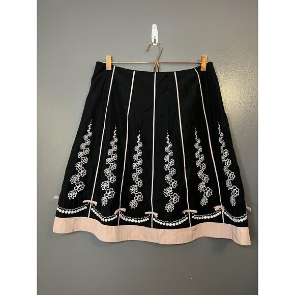 Odille Dresses & Skirts - Odille Skirt Womens 10 Black Pink Embroidered Floral A-Line Knee Length Bow Trim